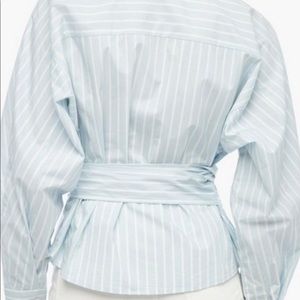 Belted Poplin tie blouse blue and white stripe